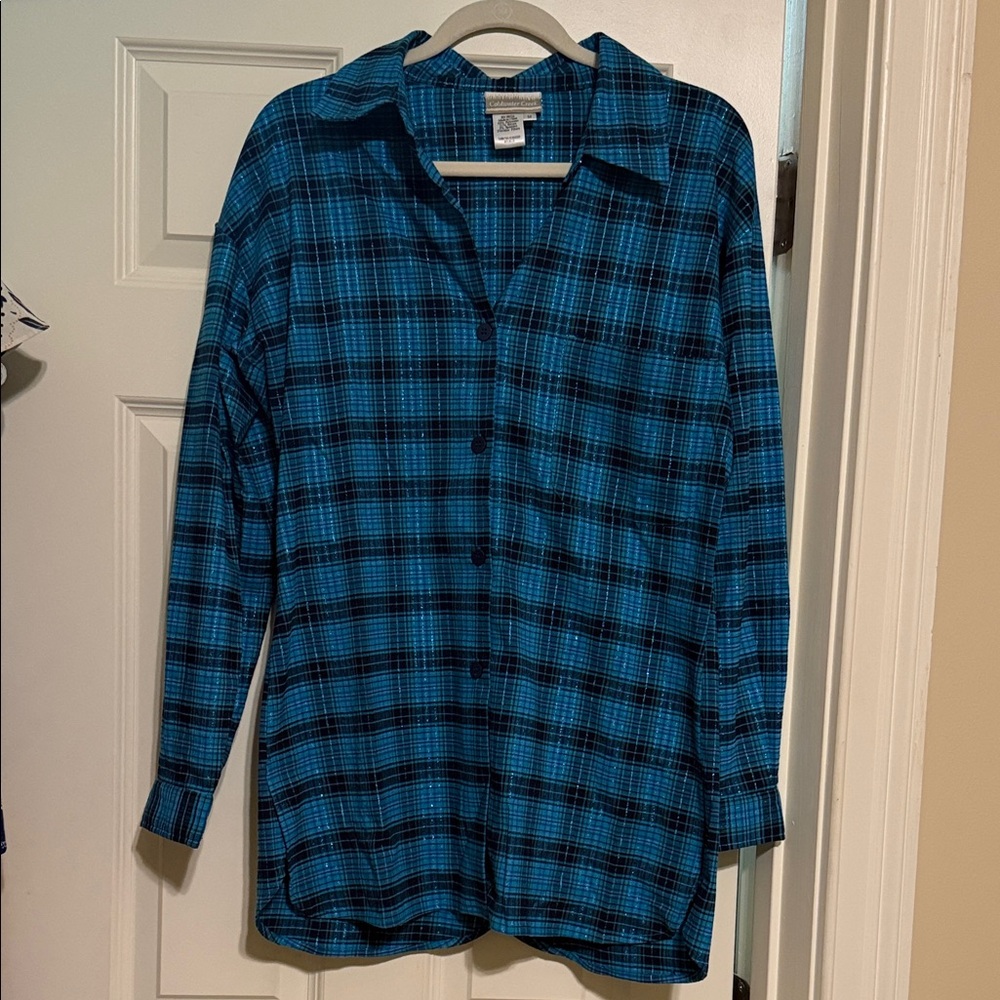 Coldwater Creek Teal and Black Plaid Button Down Shirt